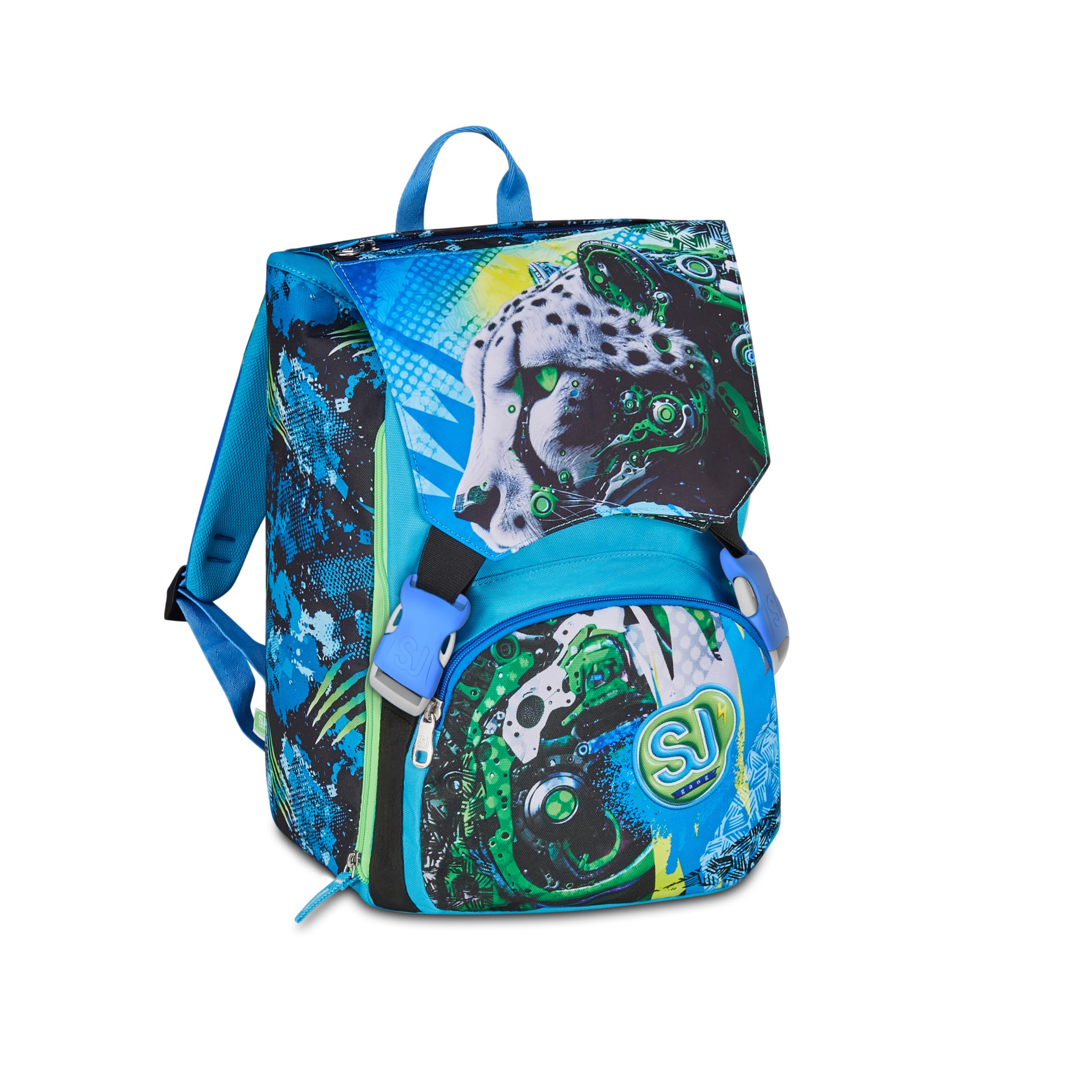 SJ GANG STYLE JAM GANG Zaino Estensibile, Volume Regolabile, Doppio Scomparto, Tasca Porta Borraccia, Scuola e Tempo Libero, Turchese Fluo, Bambini, blu