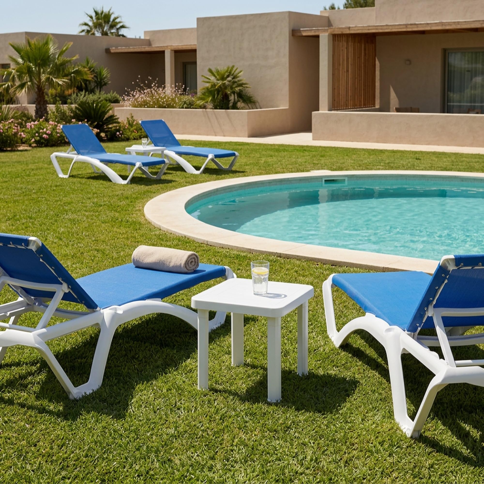 Resol garbar ACQUA-Andorra Set 2+1 Tumbona-Mesa Auxiliar Exterior | jardín, terraza, balcón, Playa, Piscina | apilable, reclinable, Ruedas, Posavasos | Estructura Blanca - Textilene Azul