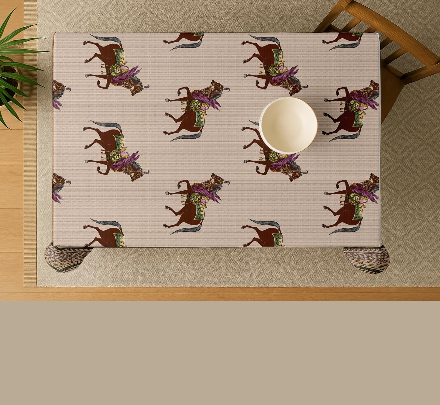 Animal Theme Cotton Tablecloth - Beige 54X54 Inch Dining Table Cover, Fits 4 to 6 Seater Tables, Strong Beige Stylish, Machine Washable, Perfect for Family Meals, Parties