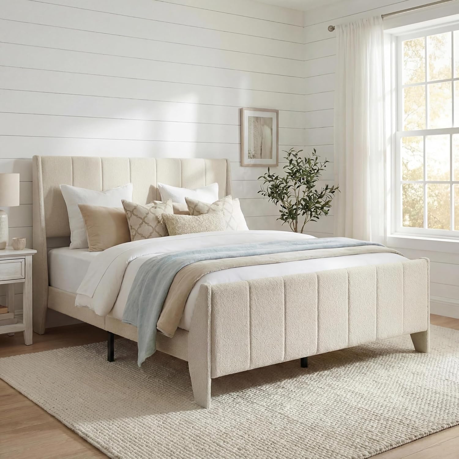 Yechen Bouclé Upholstered Bed Frame Queen, Wingback Bed with Enclosed Design, Headboard & Footboard, Vertical Channel Tufted, Wood Slats, Noise-Free, No Box Spring Needed, Easy Assembly, Ivory