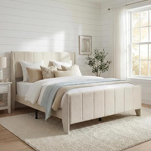Yechen Boucle Wingback Full Bed Frame, Ivory Upholstered Platform Bed