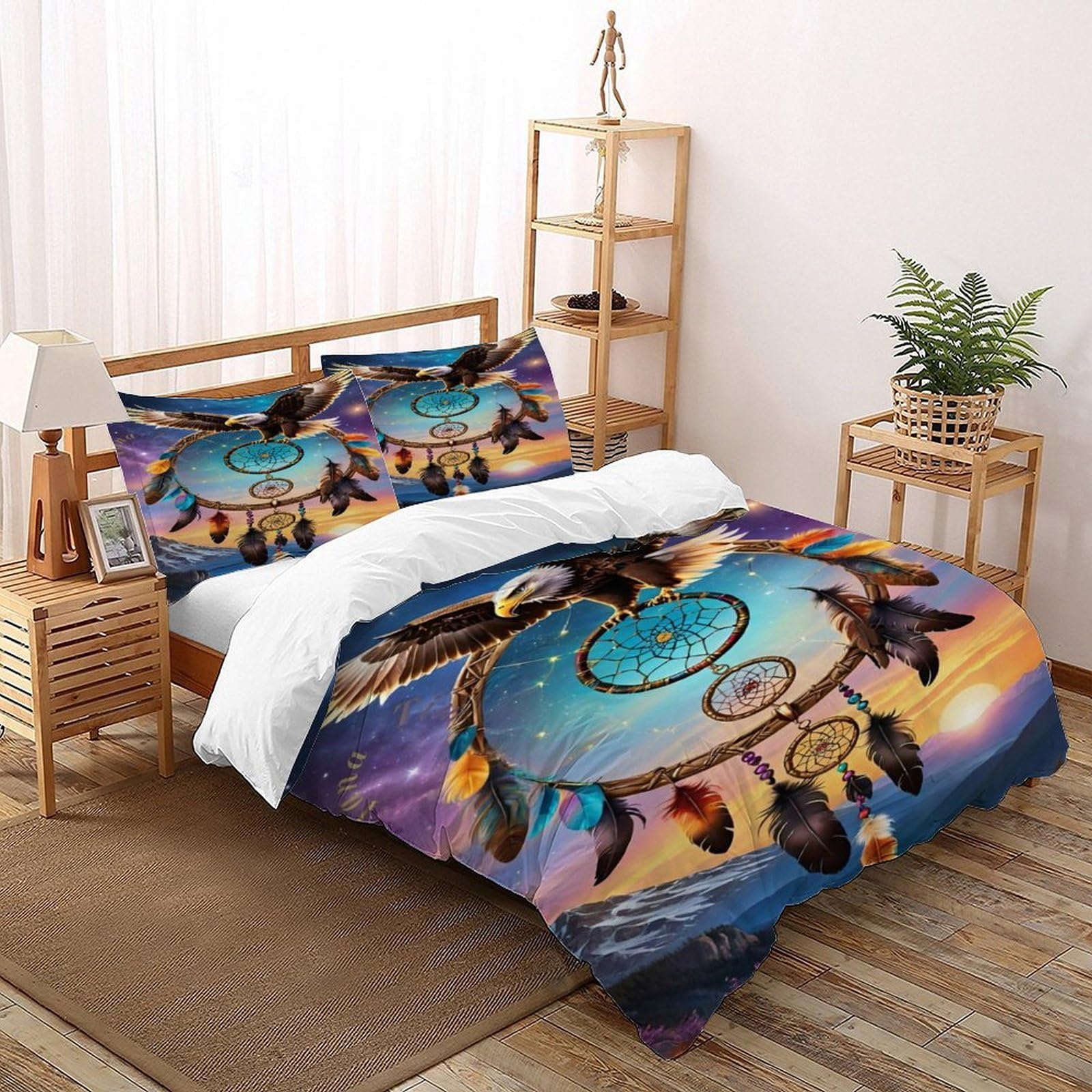 Housse de couette Aigle et Attrape-rêves Bohemian parure de lit 3 pièces microfibre 200x200cm