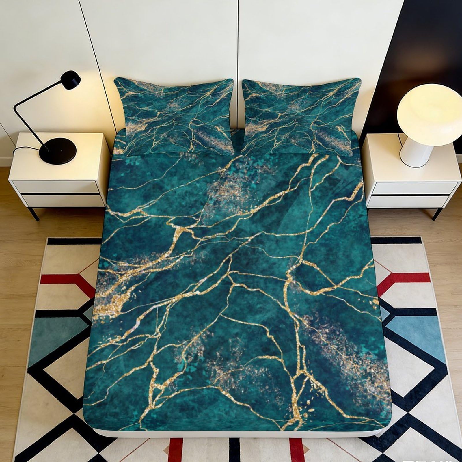 Jqzkxnhpbr Style-4 3D Printed Marble Veins Fitted Sheet Microfiber Soft Teal Gold Abstract Mattress Cover For Bedroom Dorm Decor 90X200x25cm