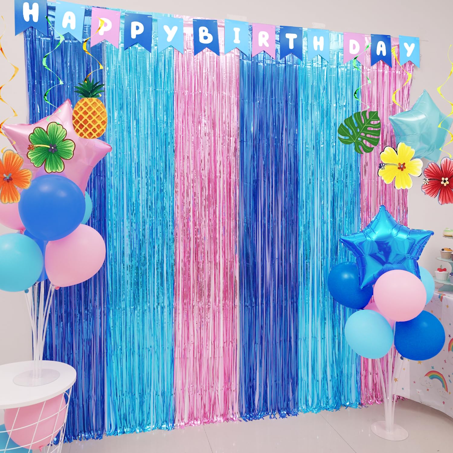 Cartoon Birthday Decorations, 2 Pack Luau Party Photo Booth Props, Blue Pink Fringe Curtains Tinsel Photo Streamers Backdrop for Cartoon Birthday Party Supplies