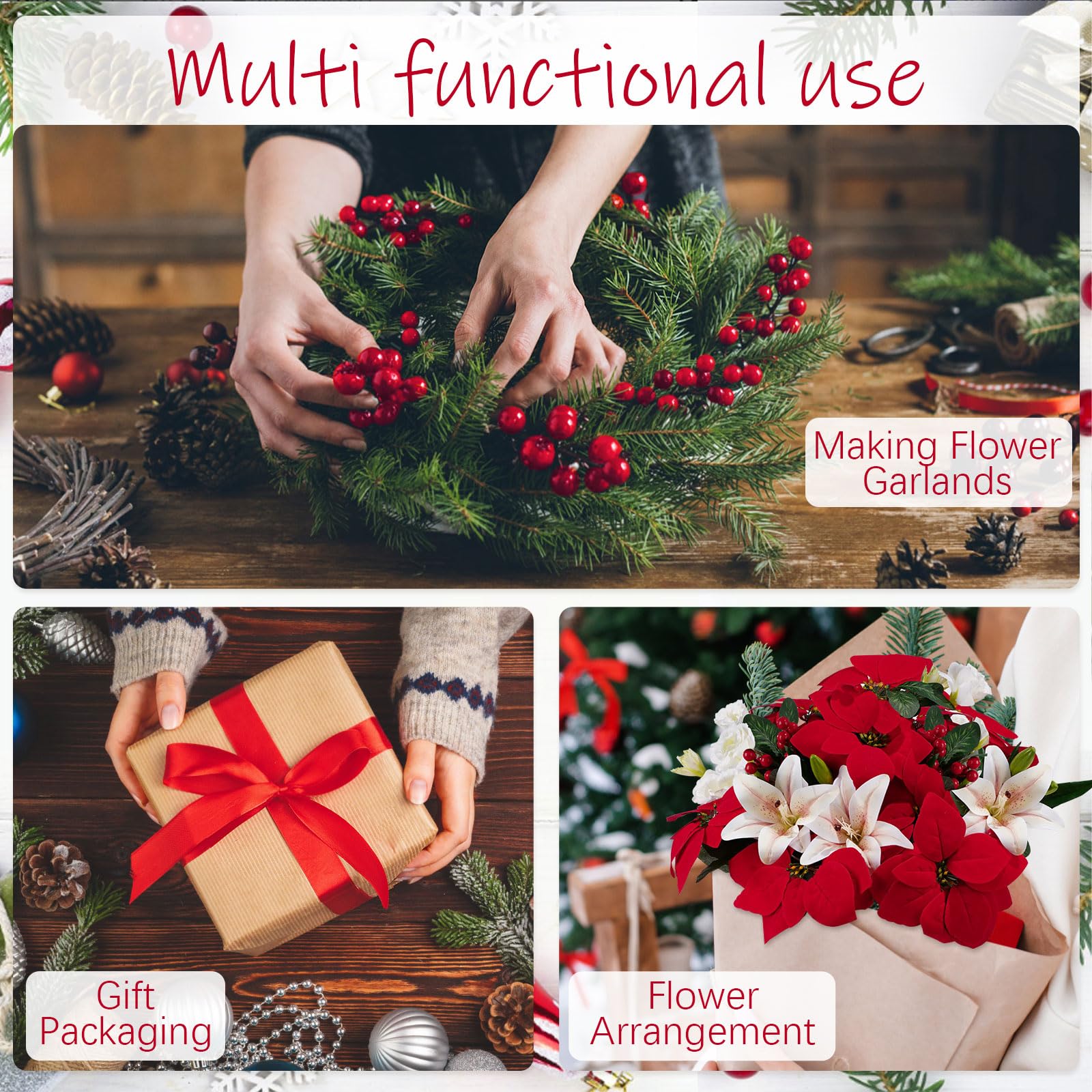 Ramo de flores de Pascua artificiales de Navidad para decoración de centro de mesa de Navidad, flores falsas de seda, arreglos florales de Navidad para rellenar jarrones del hogar, interiores y