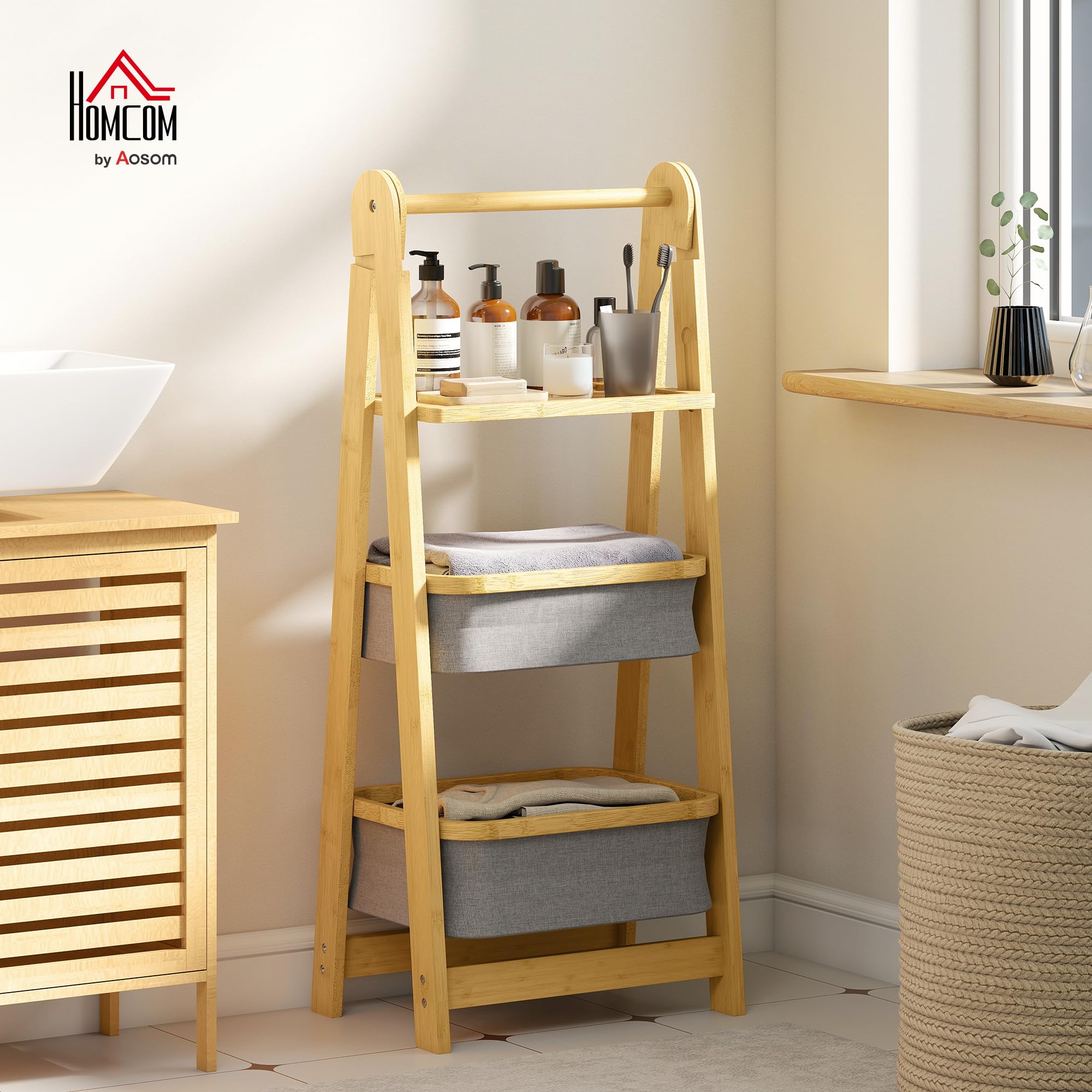 HOMCOM Estantería para Baño Plegable de Bambú, 2 Cestos Ropa Sucia, Gris
