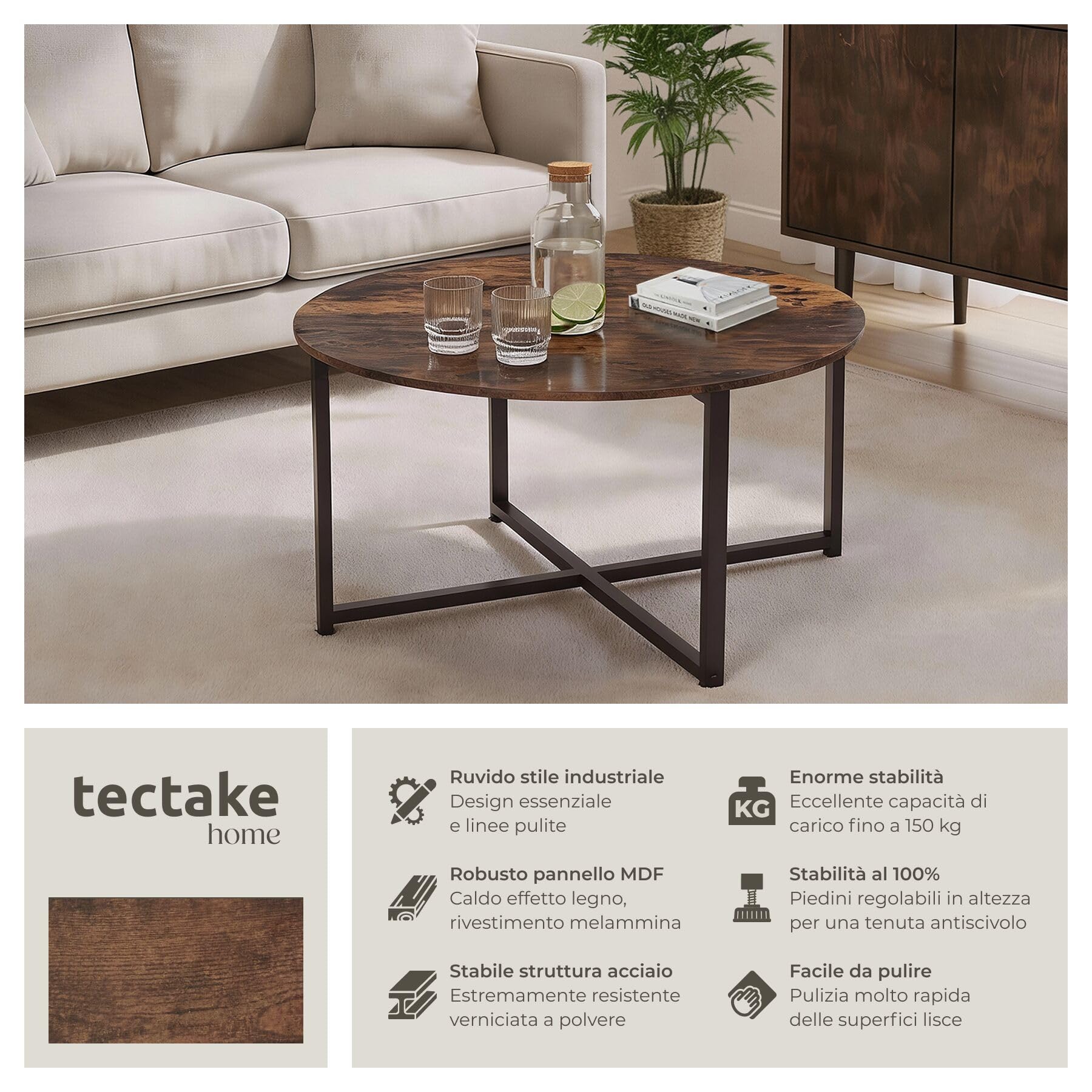 tectake® Tavolino Salotto 88,5x47cm, Tavolino Salotto o Divano, Tavolo Tondo, Design Moderno, Telaio in Acciaio, Piedini Regolabili, Ideale Soggiorno, Casa, Ufficio - Legno Industriale Scuro