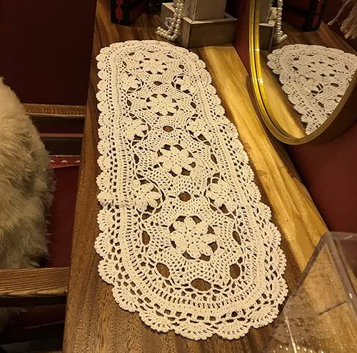 Beige Handmade Crochet Cotton Table Runner Lace Doilies Doily Oval