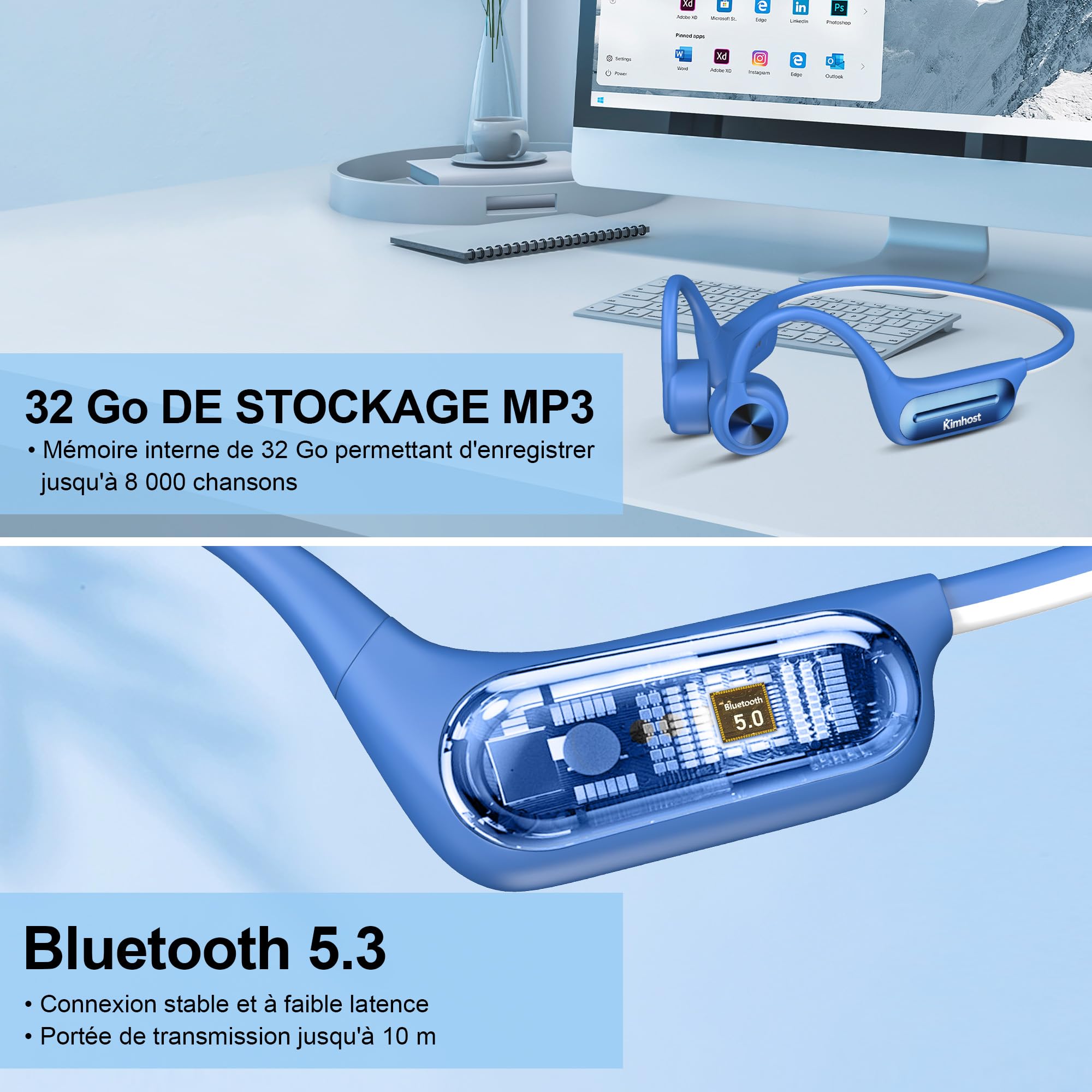 Casque à Conduction Osseuse Bluetooth 5.3, Écouteur de Natation Étanche IP68, Mémoire 32Go Intégrée, Lecteur MP3, 10h Autonomie, Écouteur sans Fil Sport pour Natation, Running, Cyclisme