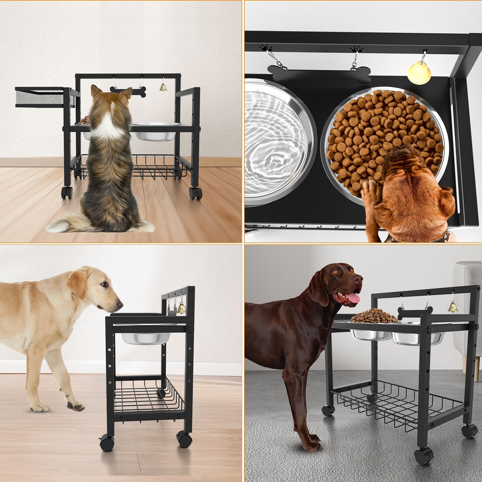 ANGELOYANG Elevated Dog Bowls With Wheels, Stainless Steel Raised Dog Bowls Stand Adjustable 8 Heights, 6.3"-14.17", for Medium & Large Sized Dogs, with Slow Feeder&Stainless Steel Bowl for Food&Water