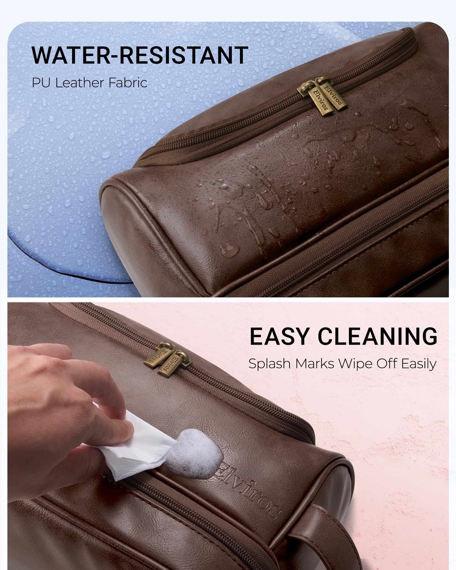 Elviros Beauty case da uomo in pelle PU, organizer da viaggio con gancio per appenderlo, grande borsa da toeletta resistente all'acqua (caffè)