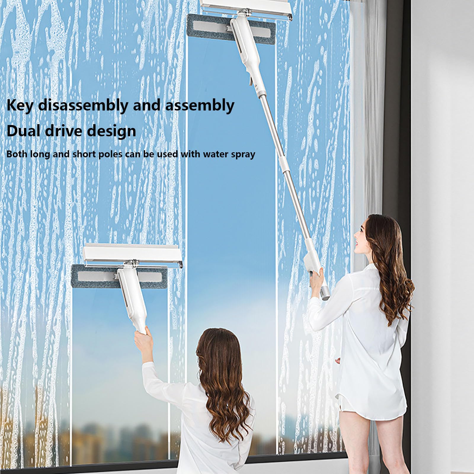 Limpiador de ventanas telescópico 4 en 1 con colector de aguas residuales y 3 paños de microfibra, mango ajustable para una fácil limpieza de ventanas, perfecto para uso doméstico y de oficina