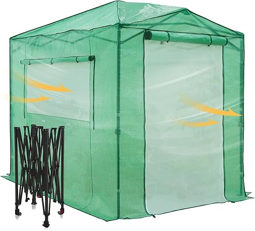 EAGLE PEAK 8x6 Portable Walk-in Greenhouse Instant Pop-up Indoor Outdoor Plant Gardening Green House Canopy with Dual Roll-up Zipper PE Door & Upgraded Screen Mesh Door, Green