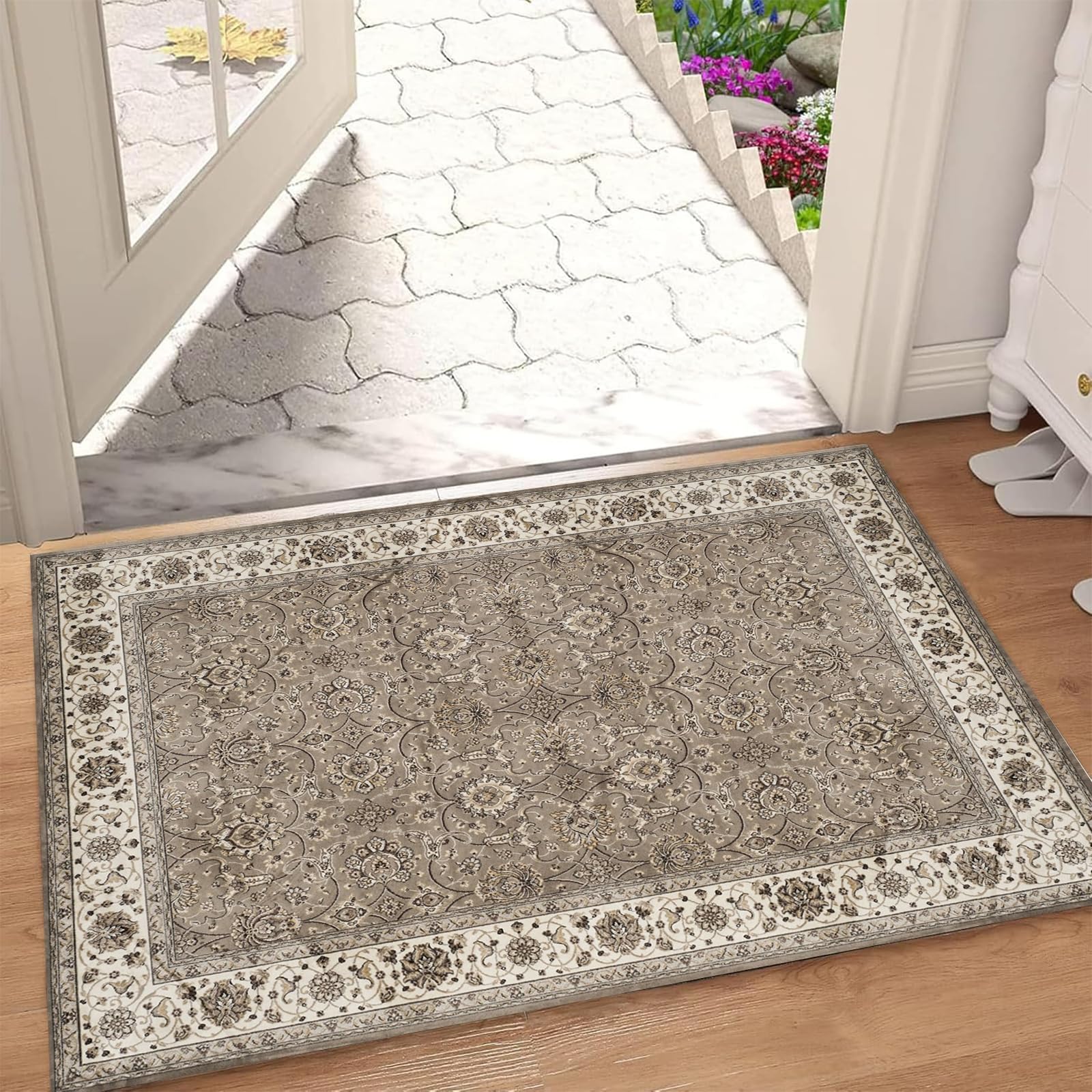 OWUFFY Vintage Area Rug 1.5 x 2.5ft/18 x 30in - Washable Rug Boho Rugs Non-Slip for Bedroom Dining Room, Low-Pile Floor Carpet Distressed Accent Rug