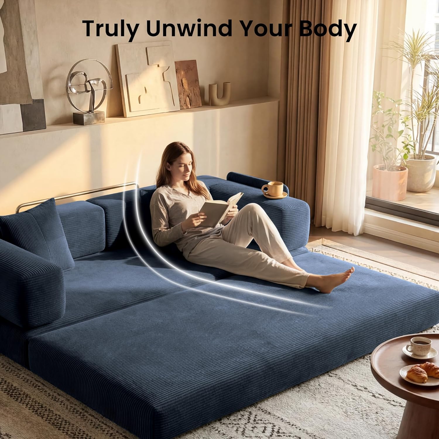 78.8" Convertible Sofa Bed,Corduroy Futon Couch with Storage Pocket,Folding Pull Out Futon Sofa,No Assembly Boneless Couch for Home & Apartment, Royal Blue