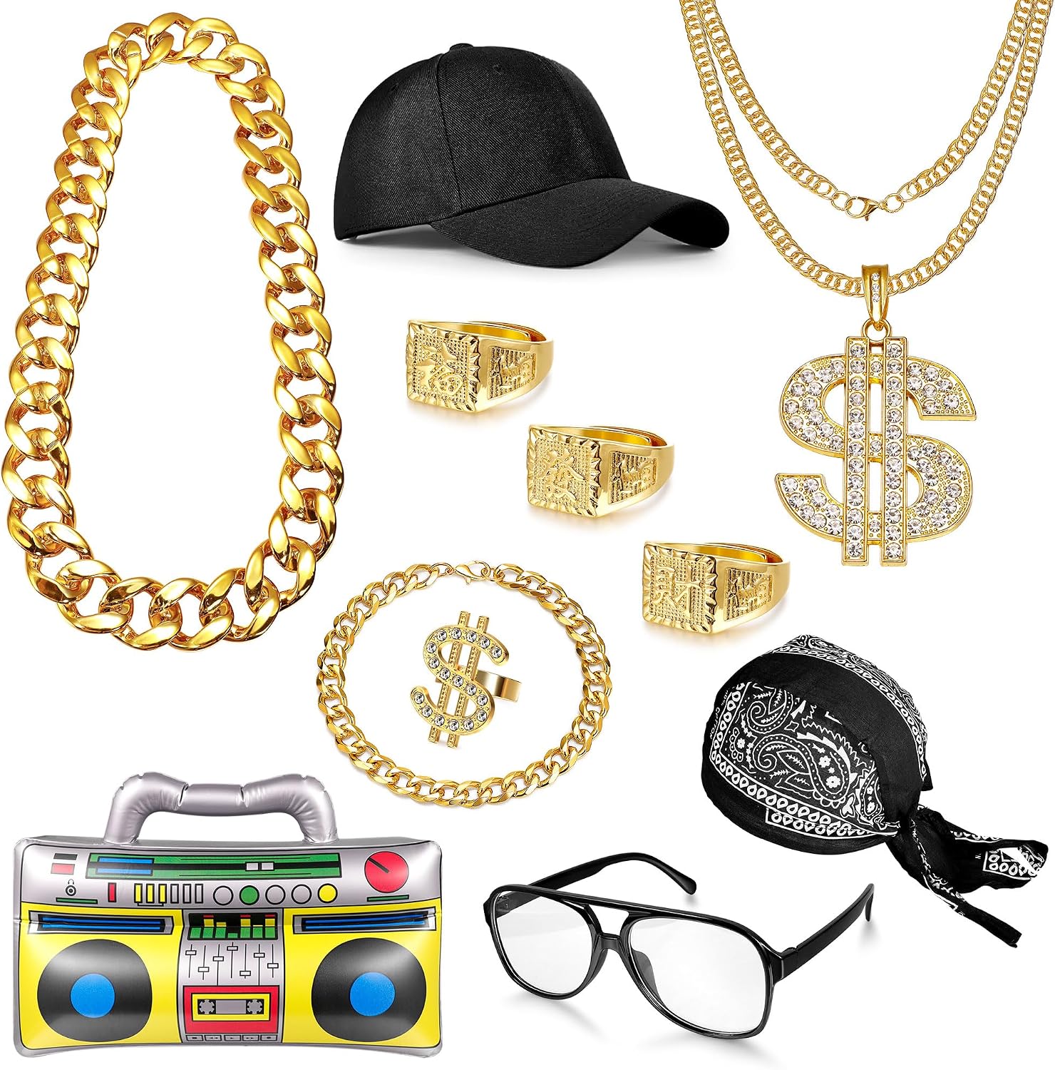REVOLIA 80s 90s Hip Hop Costume Dollar Sign Necklace Rings Fake Gold Chain Radio Boombox Sunglasses Hat Costumes Accessories