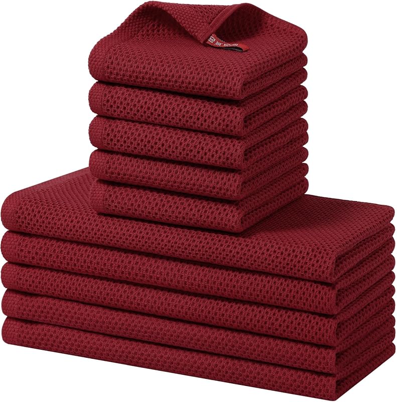 Homaxy 10 Pack 100% Cotton Kitchen Towels and Dishcloths Set, Burgundy | 12 x 12 Inches and 13 x 28 Inches Kitchen Towels Set, Ultra Soft Absorbent Dish Cloths for Washing Dishes