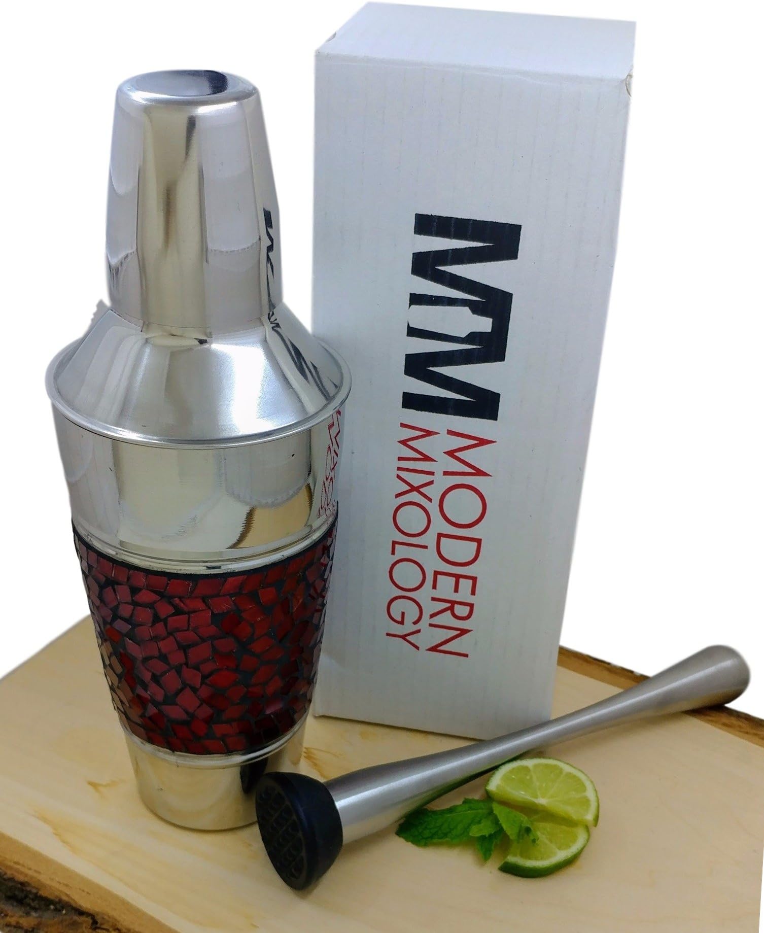 Martini Cocktail Shaker Muddler Kit Stainless Steel Barware Set, 20 ounces Designer Red Mosaic Glass by Modern Mixology