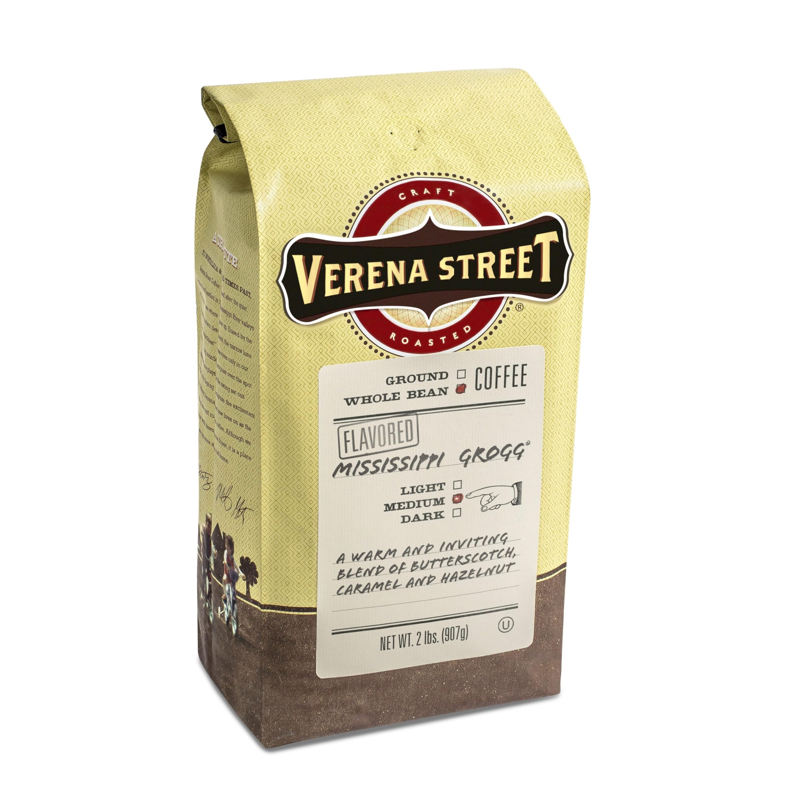 Verena Street 2 Pound Flavored Whole Bean Coffee, Mississippi Grogg, Medium Roast, Rainforest Alliance Certified Arabica Coffee