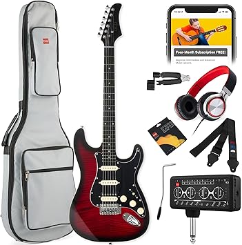 Best Choice Products Beginner HSS Electric Guitar Kit w/Headphone Amp, Padded Gig-Bag, Headphones, Guitar Strap - Red Flametop/Black
