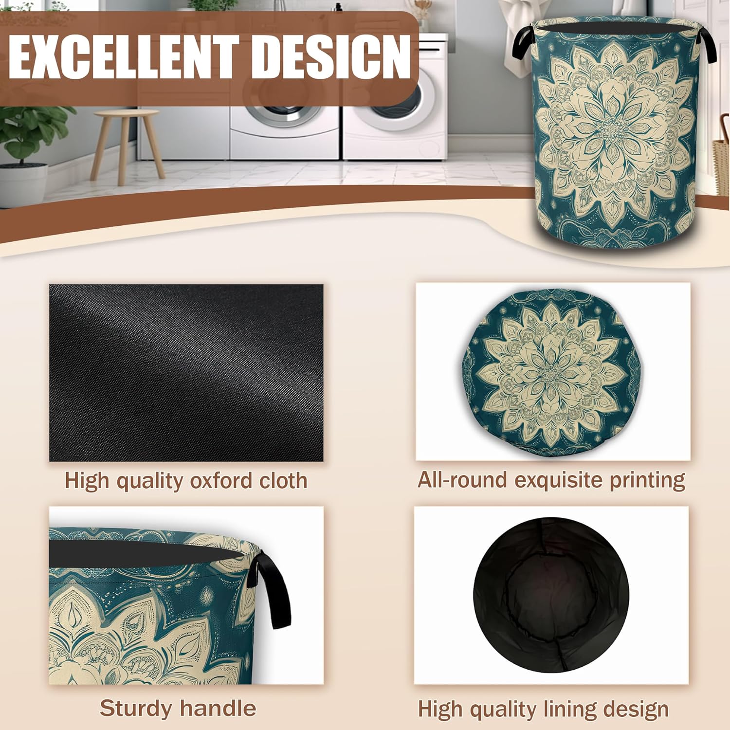 Vintage Mandala Ethnic Laundry Hamper,Laundry Baskets,Waterproof Oxford Cloth Toy Storage for Bedroom,Bathroom,Nursery,16x20.8 Inch