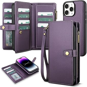 TwoHead for iPhone 14 Pro Max Wallet Case with 11 Card Holders,Deep Purple