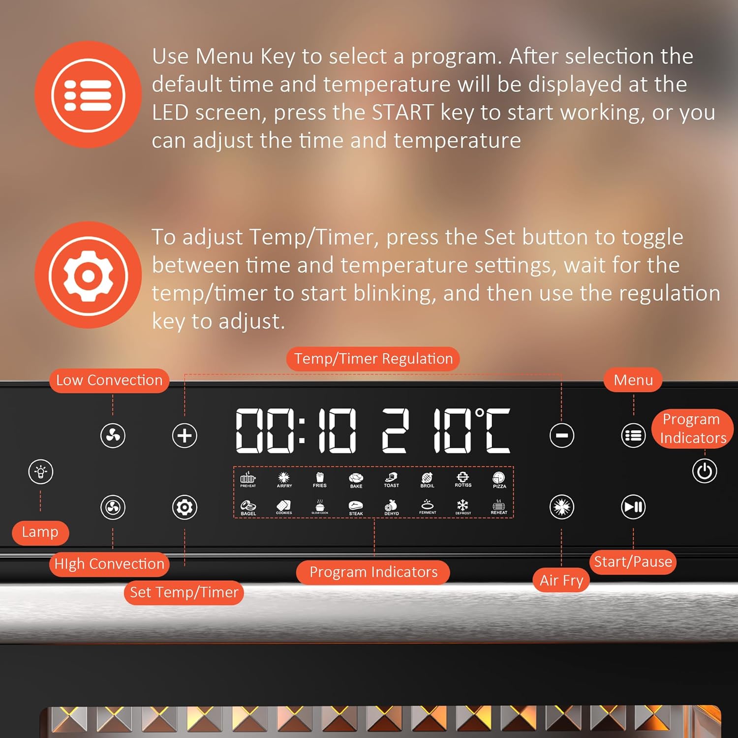 Karinear Air Fryer Oven control panel with LED display, temperature and time knobs, and preset function icons