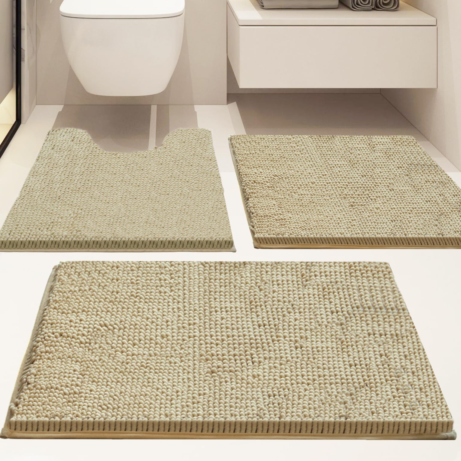Lot de 3 tapis de salle de bain en chenille, très épais et absorbants, antidérapants, lavables en machine, séchage rapide, doux et confortable, utilisés sous la douche, baignoire et évier,