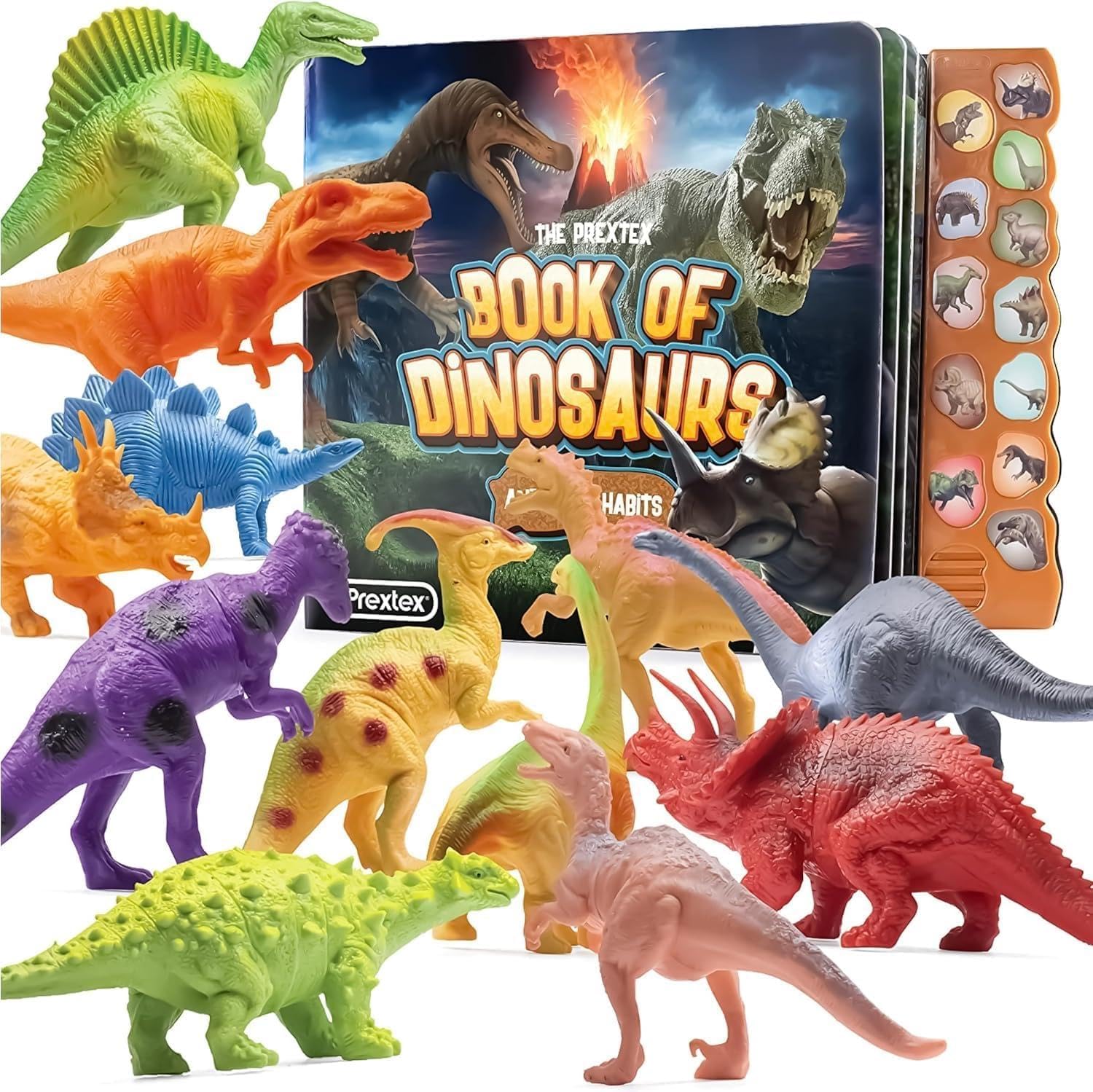 12-Piece Dinosaur Figures Set - Toddler-Friendly Plastic Dinosaur Toys for Boys and Girls, Jurassic World Inspired, Ideal Cake Toppers - Includes Interactive Dino Book with Sound for Kids