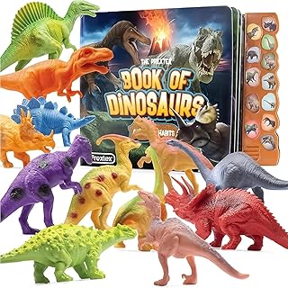 Prextex 12-Piece Dinosaur Figures Set - Toddler-Friendly Plastic Dinosaur Toys for Boys and Girls, Jurassic World Inspired, Ideal Cake Toppers - Includes Interactive Dino Book with Sound for Kids