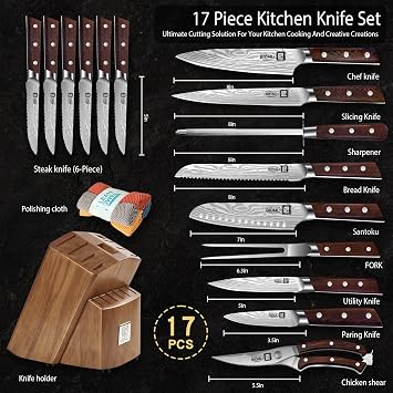 17-Pack kitchen knife set, wooden blocks,sharp high carbon stainless steel blades,hardwood handles,Sharpener,chicken bone clipper,microfiber towels,gift packaging,for families, restaurants, chefs.