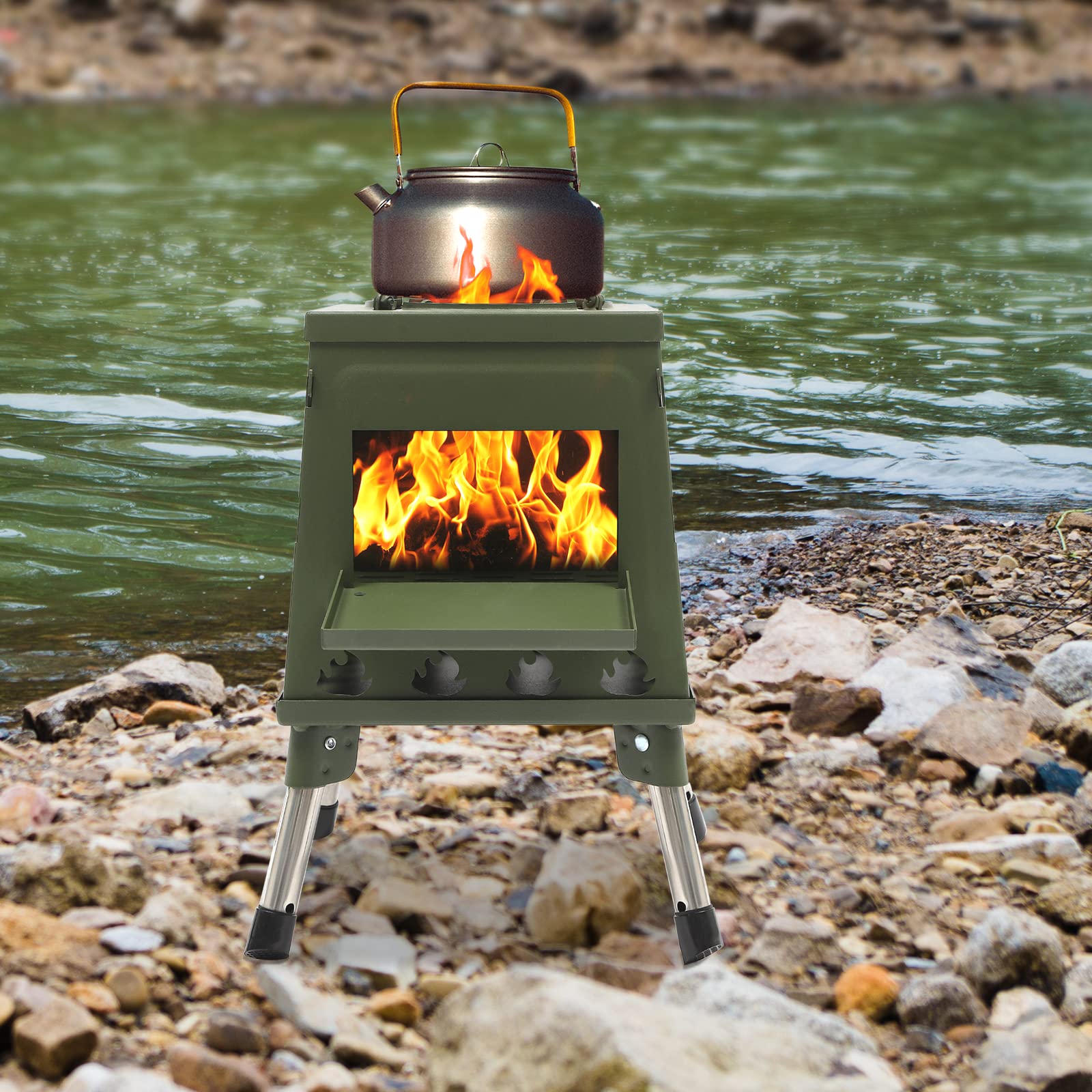 Campinggrill Edelstahl, Tragbarer Holzofen für Camping, Boden Stehend Gartenofen Zelt Ofen Outdoor, Zeltofen, Terrassenofen, für Camping, Rucksacktourismus, Eisfischen und Jagd
