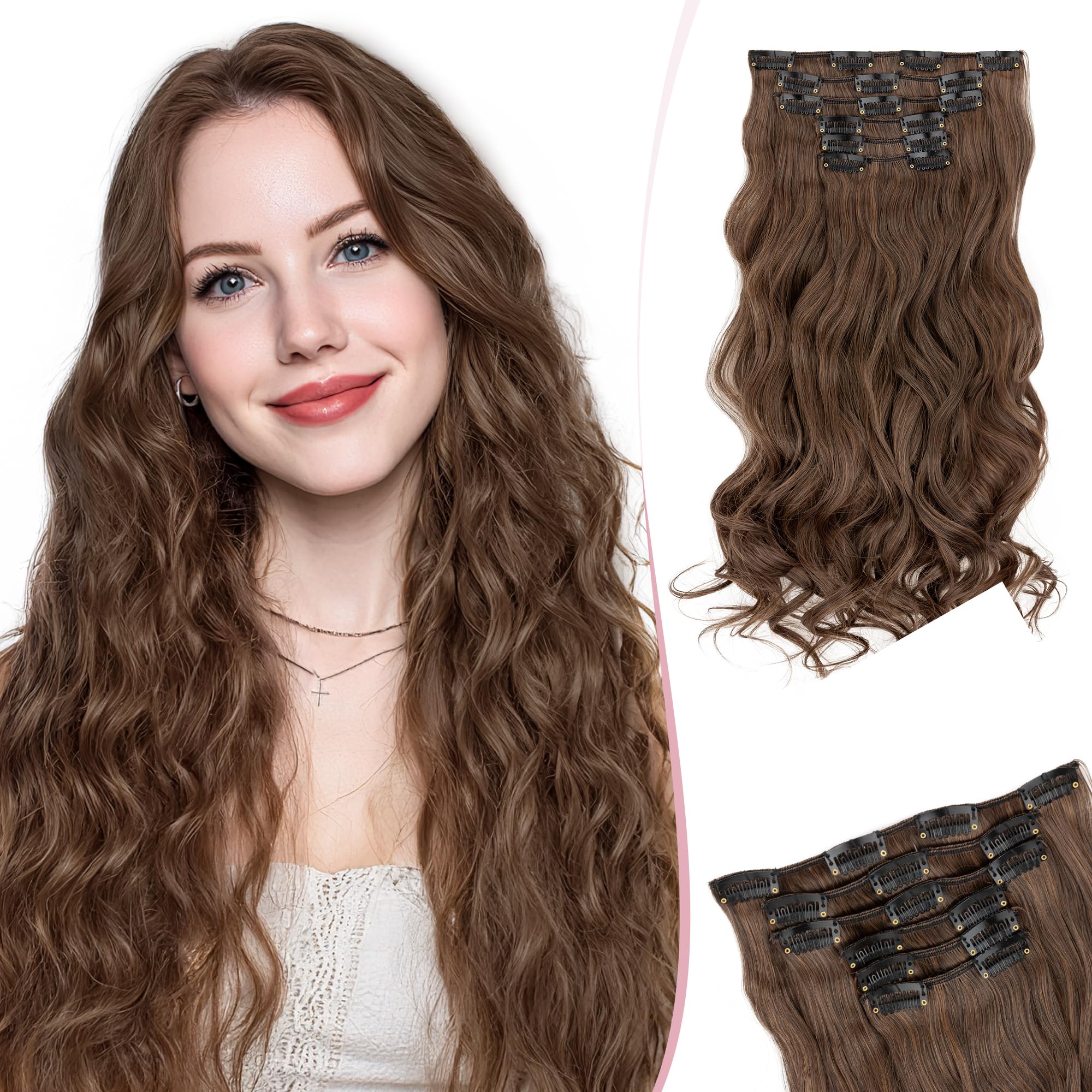 SEGO Clip In Hair Extensions 22 Inch 6PCS Thick Clip In Hair Hairpieces 150g Long Wavy Hair Extension Synthetic Full Head for Women Medium Brown