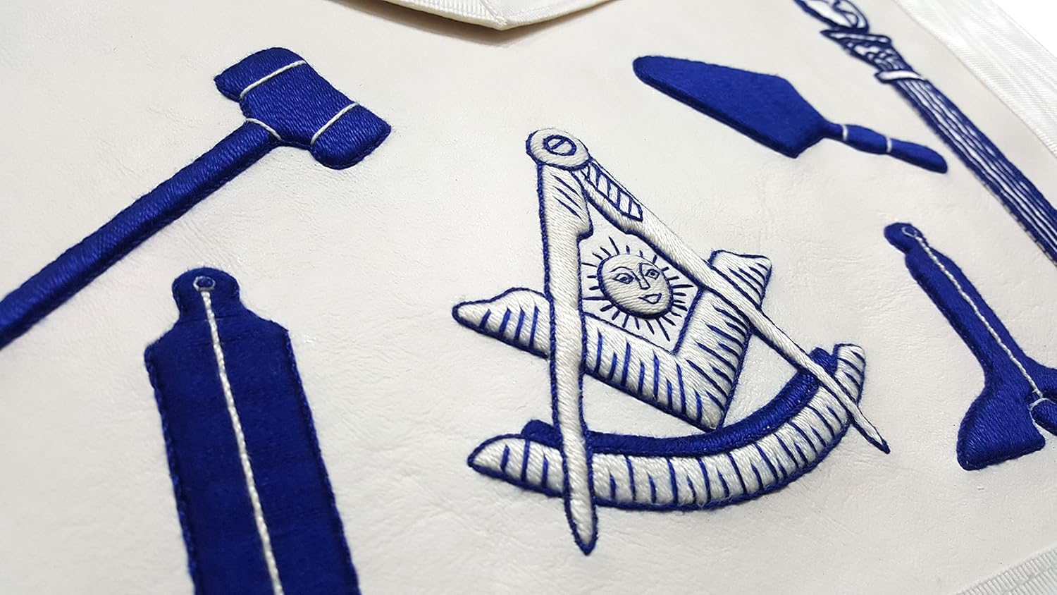 BRICKS MASONS Past Master Apron - Hand Embroidered Tools White Apron
