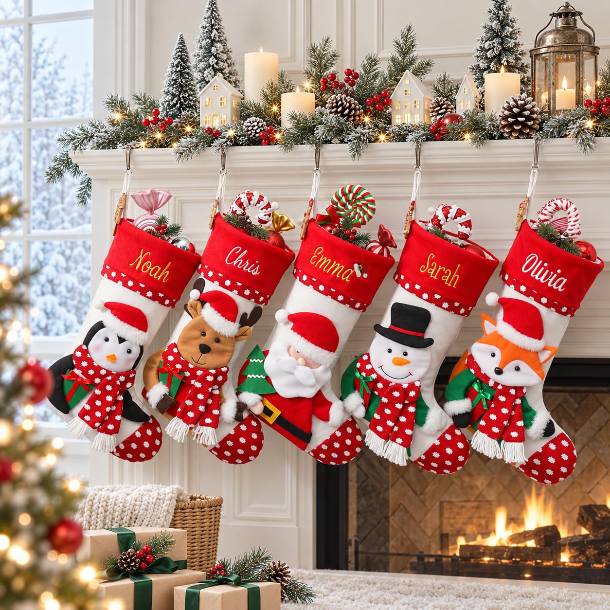 Infiher Personalised Christmas Stockings with Embroidered Name & Monogram,Custom 3D Xmas Character Stocking 1 Pack 18” Large,Santa,Snowman & Reindeer Fireplace Hanging Red Burlap Plaid Stockings(B) — image 1