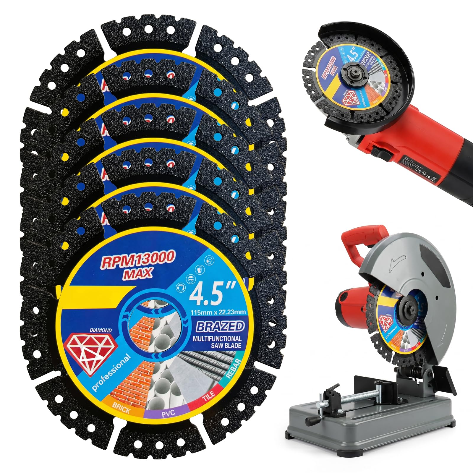 5 Pcs Diamond Multi-Purpose Saw Blades-115mm/4.5", Diamond Tile Cutting Disc for Angle Grinder Tool, Heavy Duty Angle Grinder Discs Porcelain Cutting for Cutting Porcelain Granite Marble