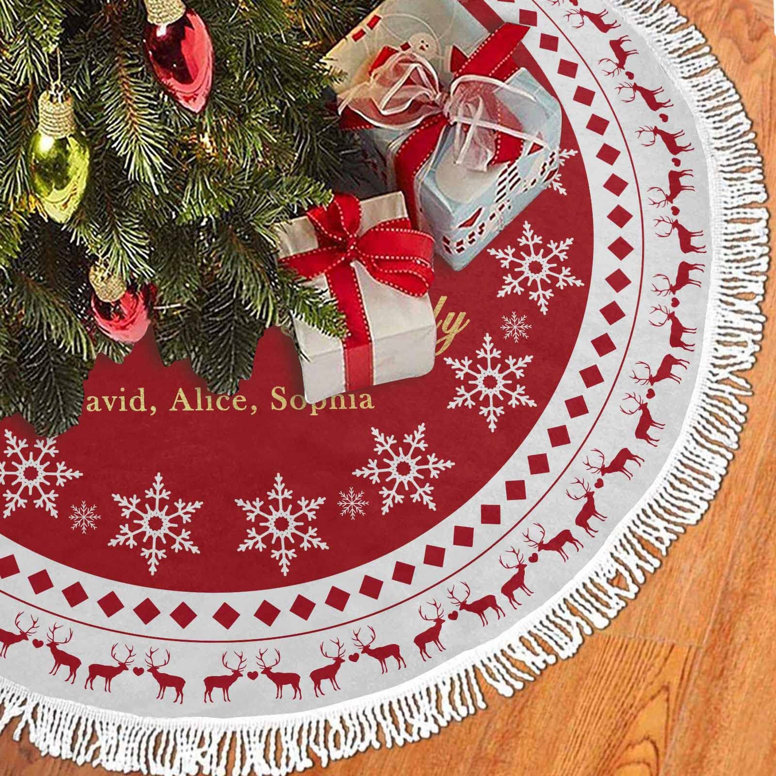 36 Inch Personalized Christmas Tree Skirt for Merry Christmas DIY Party New Year Festive Holiday Décor, Custom Elk Xmas Tree Skirt, Custom Photo/Text Red Tree Foot Decorations Cover