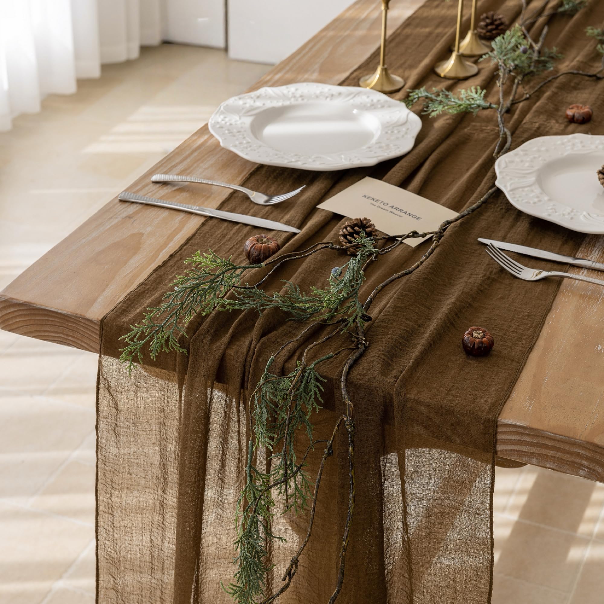 Photo 1 of Keketoarrange Coffee Cheesecloth Table Runner - 120" Boho Decorations