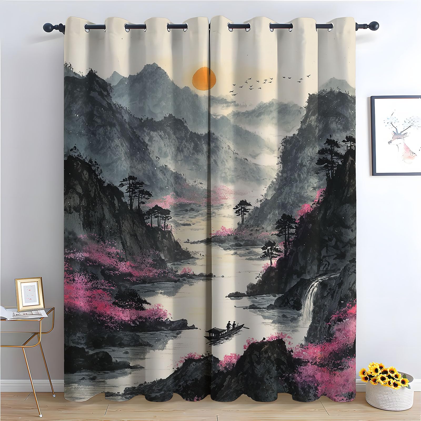 WQBQKKX Botanical Abstract Line Garden Curtains for Bedroom Ink painting Black out Curtains Watercolor Botanical Flower Print Pattern Window Drapes for Bedroom-52 W x 108" L (Pack of 2)