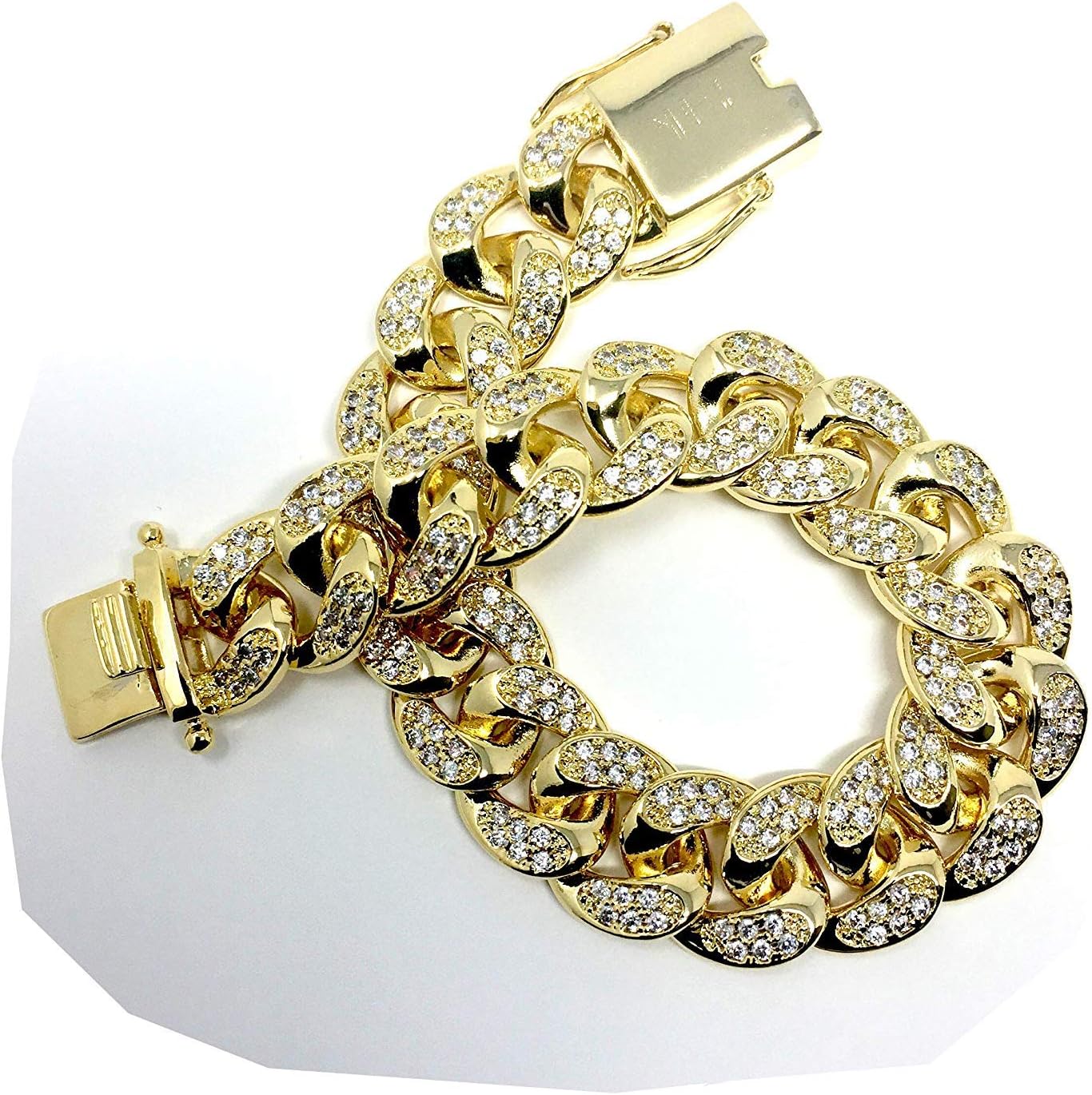 Gold Plated All ICED Out Simulated Diamond Cut Miami Cuban Link Chain Bracelet for Men Real 14MM, 14K Karat Heavy w Solid Thick Clasp US Made 8.5 INCH
