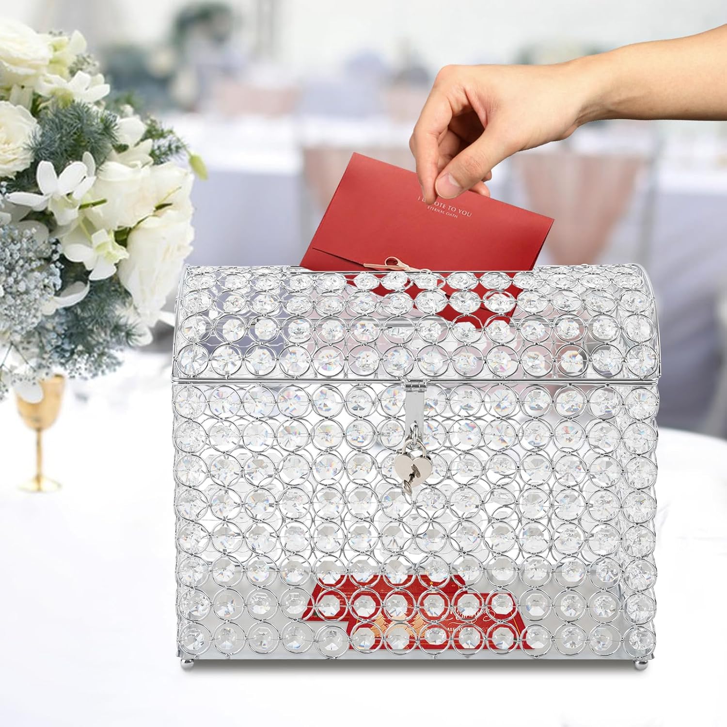 Crystal Wedding Card Box With Heart Lock Silver Treasure Chest Money Card Box Gift Decorative Memory Box for Wedding Birthday Graduation Party Decoration