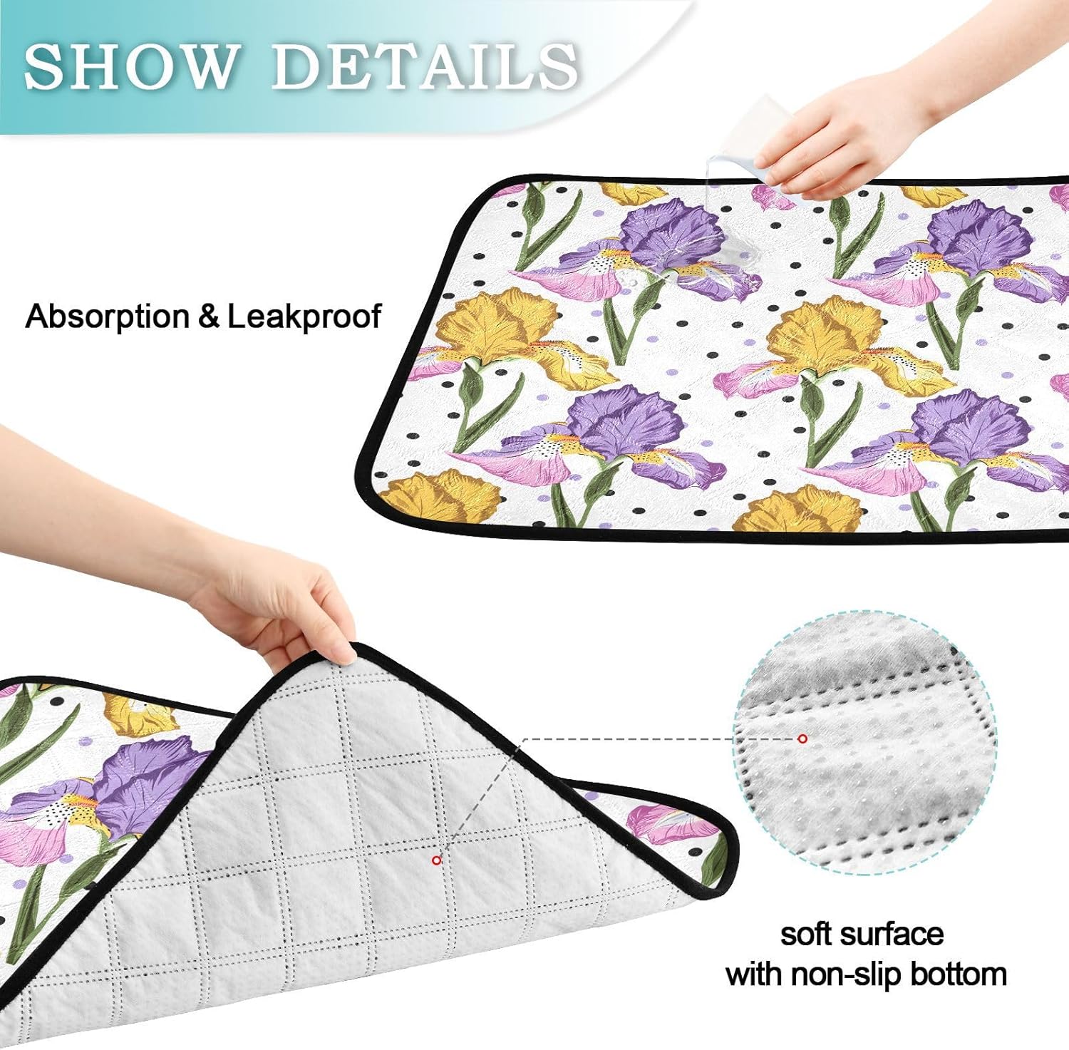 Iris Flower Polka Dots Pet Mat Reusable Feeding Mats for Food and Water Non-Slip Pee Pads for Dogs Cats 2 Packs
