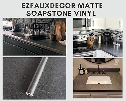 Miniatura 5 de Cubierta autoadhesiva de mármol de esteatita gris mate para encimera de 36 x 144 pulgadas, vinilo extra ancho, extraíble, impermeable, gruesa