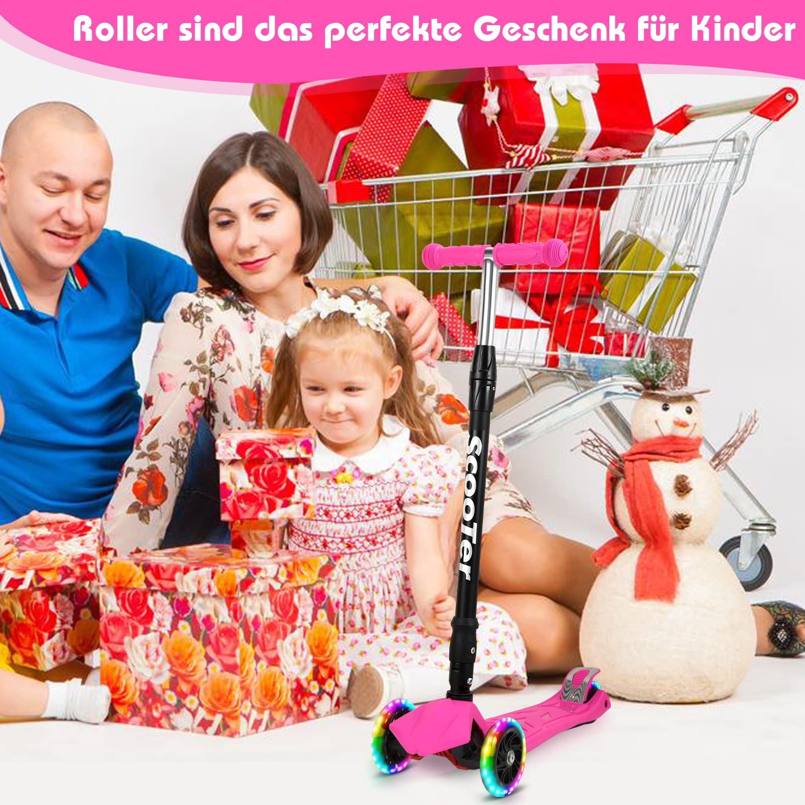 Monopattino per Bambini, scooter a tre ruote con ruote illuminate a LED, 4 Level scooter per bambini regolabile in altezza, max 50 kg, per scooter per bambini da 3-14 anni