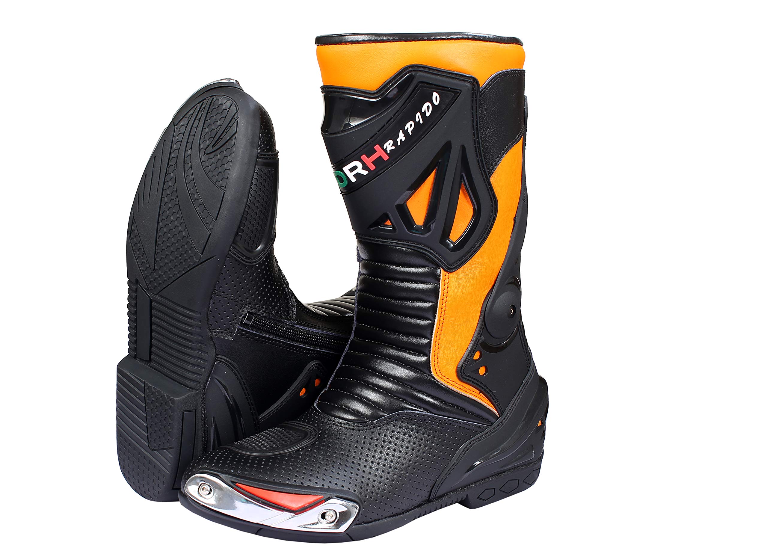 Scarpe sportive da uomo, in pelle, per moto, colore: arancione/nero