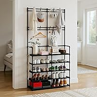 Vista 7 de UDEAR Perchero de 5 niveles para abrigos y zapatos, perchero de entrada con 8 ganchos, organizador de zapatos de doble fila para sala de estar