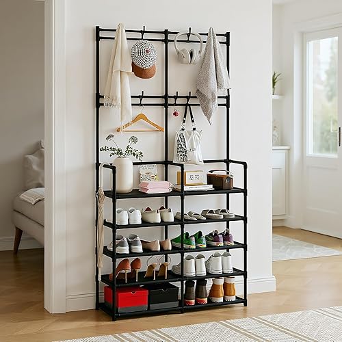 Miniatura 7 de UDEAR Perchero de 5 niveles para abrigos y zapatos, perchero de entrada con 8 ganchos, organizador de zapatos de doble fila para sala de estar