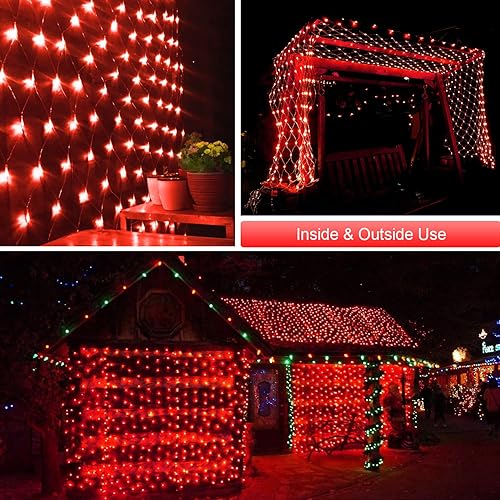 Miniatura 8 de JMEXSUSS 200 luces LED rojas de red de Navidad, 9.8 pies x 6.6 pies, luces de arbusto de Navidad conectables con control remoto, 8 modos de enchufe,