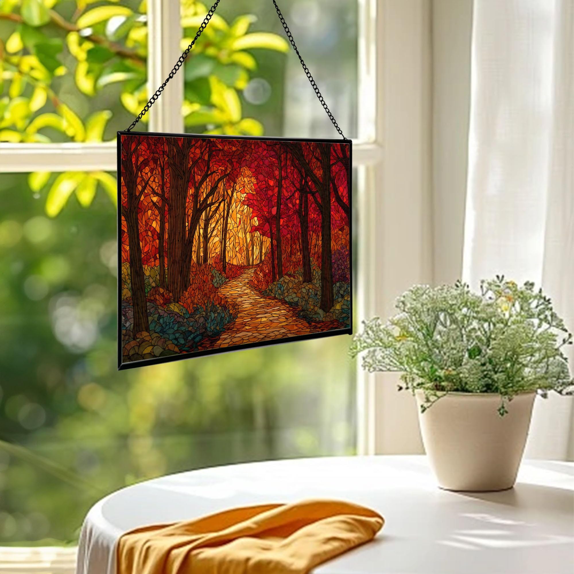 Path Through Glowing Autumn Forest Rectangular Stained Glass Suncatcher – Hanging Window Panel with Animal & Nature Scene – Vibrant Glass Art Gift for Wildlife, Fantasy, Nature Lovers 1GorZh