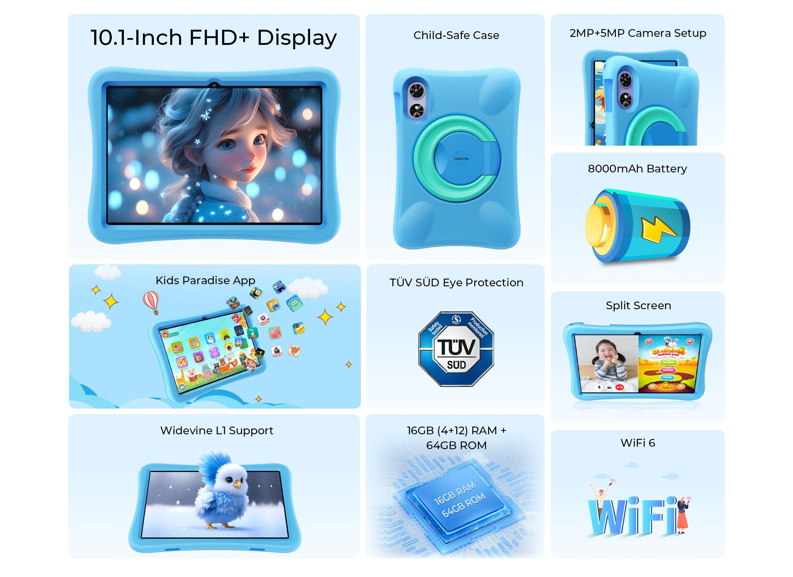 Tablet OUKITEL OT6 per Bambini, 16GB RAM+64GB ROM, Android 13, 10" HD, 8000mAh, Controllo Parentale, BT5.0, Giochi Educativi, Blu